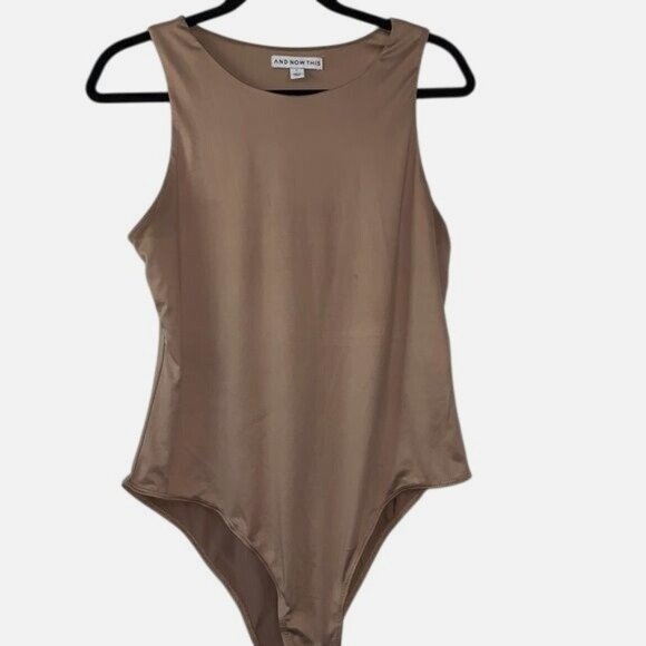 And Now This Womens Tan Sleeveless Bodysuit L Polyester/Spandex Blend Snap Closu - Picture 1 of 11